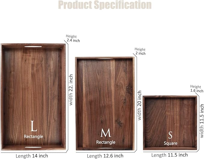 Set of 3 Large Solid Black Walnut Wood Ottoman Tray with Handles, Serve Tea, Coffee or Breakfast in Bed, Classic Wooden Decorative Serving Tray, L+M+S