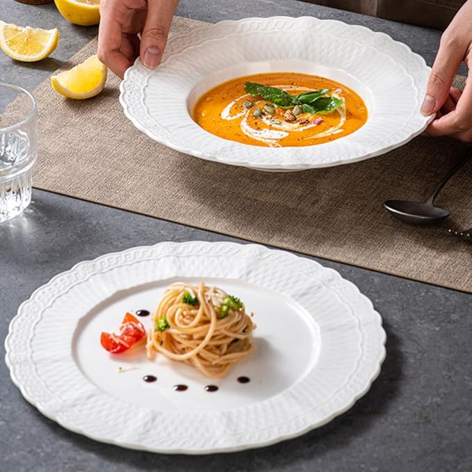 White Appetizer Plates, Sturdy Round Ceramic Flat Dish, Modern Decorative Dinnerware for Wedding Birthday Party, Microwave Dishwasher Safe(Size:25.2 * 25.2 * 0.8CM)