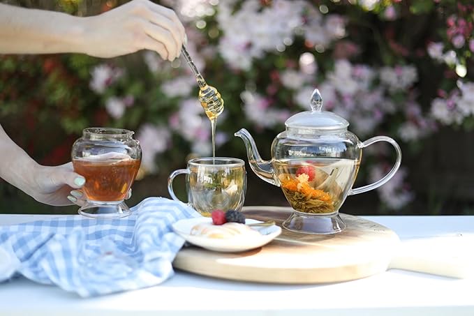 Teabloom Pure Bliss Honey Jar with Dipper and Lid - Hand-crafted with Highly Hygienic, Non-Porous Borosilicate Glass (14 oz)