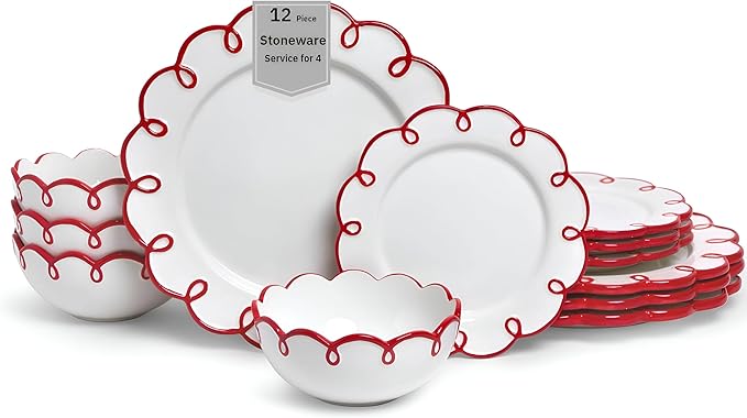 Sango 12-Piece Earthenware Dinnerware Set for 4, Glossy White Plates and Bowls Sets with Red Scalloped Rims, Premium Dish Set, Holiday Dishes for Gifting & Hosting Christmas Party, Splash of Cheers