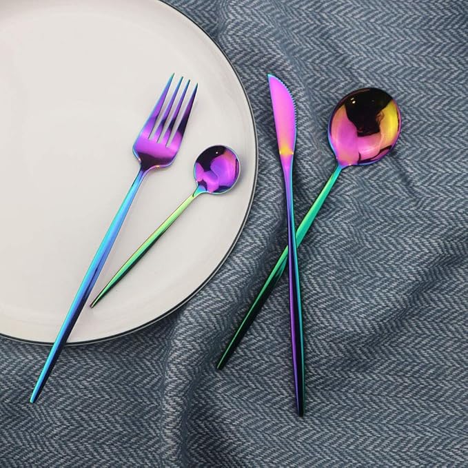 JASHII 4 Piece Silverware Set, 4-Pieces Flatware Set 304 Stainless Steel Cutlery Set Service for 1,Include Knife/Fork/Spoon,Mirror Polished (Rainbow)