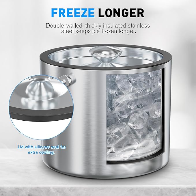 3.2L Insulated Ice Bucket for Parties & Cocktail Bar，Double Wall Stainless Steel Wine Bucket with Lid & Tongs,Ideal for Chilling Wine, Champagne