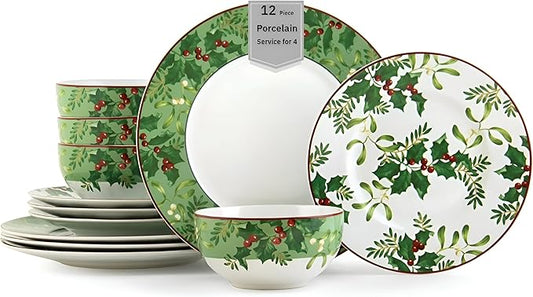 222 Fifth Christmas Foliage 12-Piece Porcelain Dinnerware Set for 4 - Glossy White Plates and Bowls Sets with Green Holly and Berry Design, Durable Ceramic Dish Set for Holiday Dining, Elegant Dishes