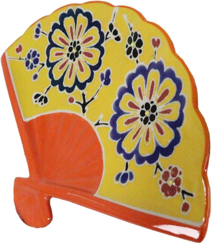 Ebros Pack Of 4 Colorful Oriental Folding Fan Shaped Appetizer Sushi Dessert Serving Dish Plates Decorative Asian Themed Artistic Dinner Lunch Serveware Plate Set (Yellow Summer Flower Blossoms)