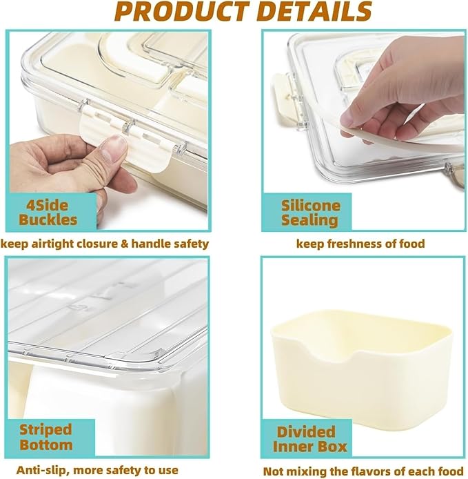 Snackle Box Container, Divided Serving Tray with Lid & Handle, Portable Snack Box Charcuterie Container for Nuts,Candy,Fruits, Snack Platter with 8 Compartments&6 forks for Party,Entertaining,Picnic