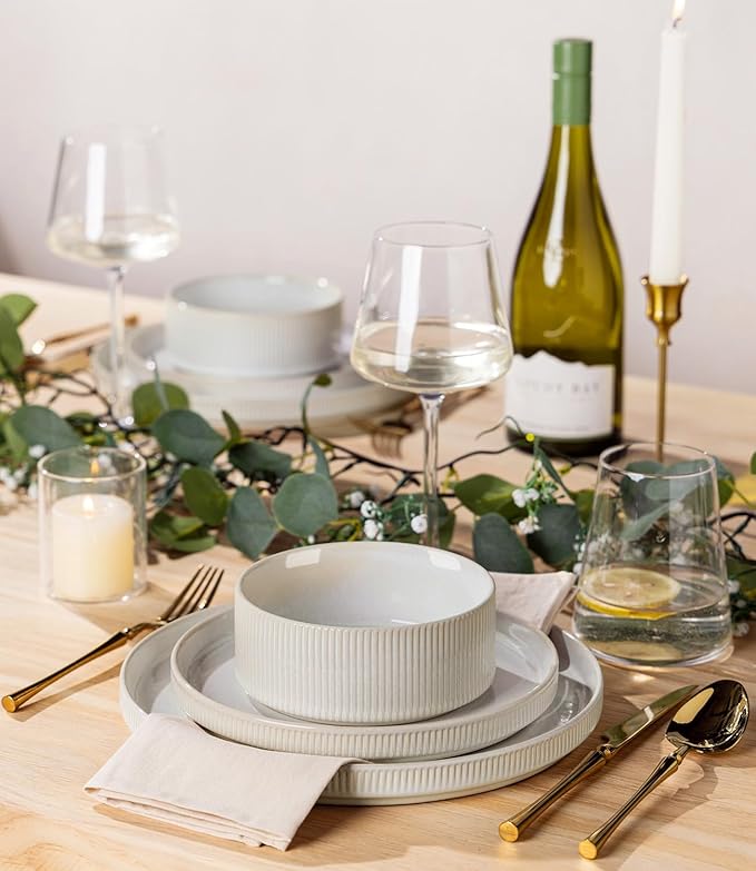 TheTerra Ceramic Dinnerware Sets for 8, 24 Pieces Porcelain Lightweight Plates and Bowls Sets, Scratch Resistant Dish Set, Oven & Microwave & Dishwasher Safe, Cappuccino White