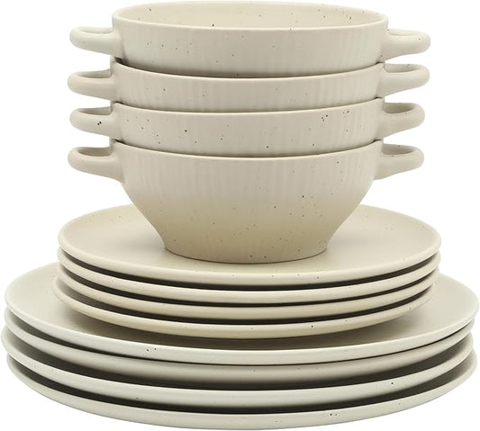 Gibson Elite Clover Hill 12-Piece Stoneware Dinnerware Set – White Cream Embossed Plates and Bowls with Matte Speckled Reactive Glaze, Service for 4 – Microwave & Dishwasher Safe