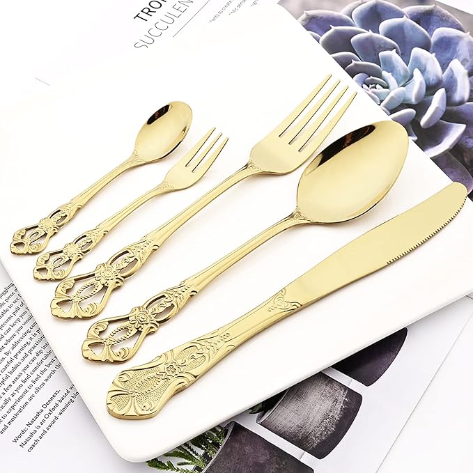 Elegant 32-Piece (4 Set) Retro Flatware Set, Stainless Steel Cutlery Set - Complete Eating Tableware Serving Set, Dishwasher Safe, Shiny Mirror Polish (Champagne)