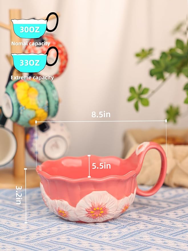 silesia Handmade Ceramic Soup Bowl, 30 oz Hand Painted Bowl with Loop Handle, Floral Design Cereal Bowl for Soup, Ice cream, Snack, Microwave & Dishwasher Safe (Pink)