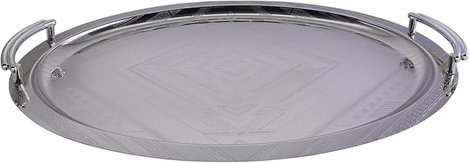 16.9 inch x 13.3 inch Oblong Chrome Plated Serving Tray with Handles Stylish Design Floral Engraved Edge Decorative Party Wedding Dessert Buffet Wine Platter Plate Gift Base NC-097