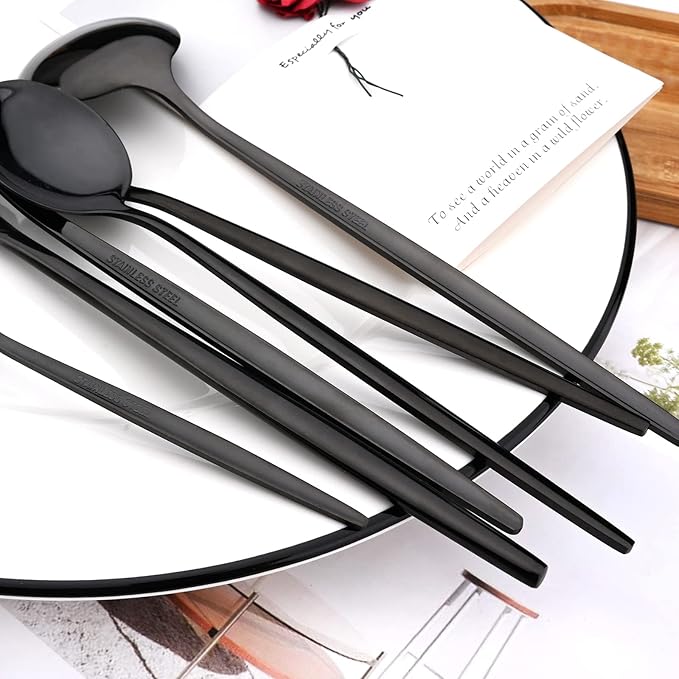 30Pcs Black Simplicity Mirror Finished Cutlery Set, 18/0 Stainless Steel Daily Use Silverware Kitchen Home Restaurant Party Dessert Flatware Set Include Knife/Fork/Spoon, Service For 6
