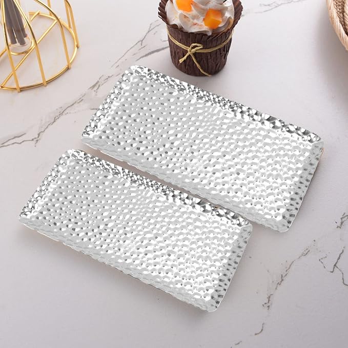 Hammered Tray, Exquisite Stainless Steel Rectangular Serving Tray for Bedroom Bathroom Counter Kitchen Platters Serving Dishes, Trays Platters Silver Tray (Silver)