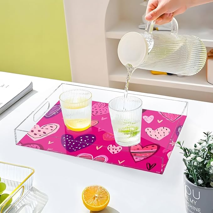 Serving Tray with Handles Clear Acrylic Tray 12x16 Inch Decorative Rectangular Tray Organizer for Ottoman Coffee Table Bathroom Hot Pink Doodle Hearts Stars
