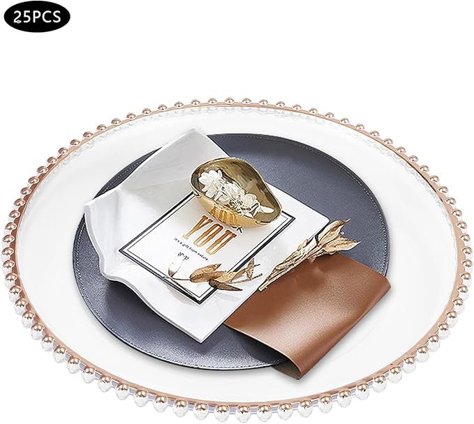 25 Pack Rose Gold Charger Plates – Elegant Round Decorative Plates with Beaded Edge – Clear & Gold Hot-Stamped PS Platters for Weddings, Parties, Banquets – Stackable, Reusable