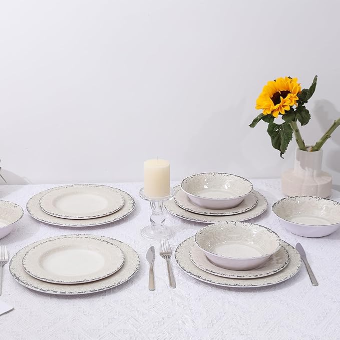 Melamine Dinnerware Set for 4, 12-Piece Rusty Gray – BPA-Free, Dishwasher-Safe Plates & Bowls for Indoor Outdoor Dining, Portable and Reusable