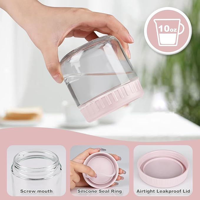 Overnight Oats Containers with Lids, 10oz Glass Jars with Lids 8 pcs, Pink, Wide Mouth Mason jars for Salad, Yogurt, Snacks, Meal Prep