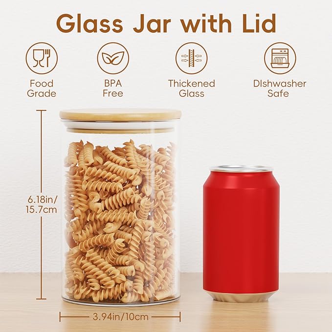 Sugar Jar Glass Salt Container,32 Ounces Clear Airtight Caning with Bamboo Lid, Storage Overnight Oats, Salts, Coffee Bean, Spice, Creamer, Food Organizer, Pack of 6