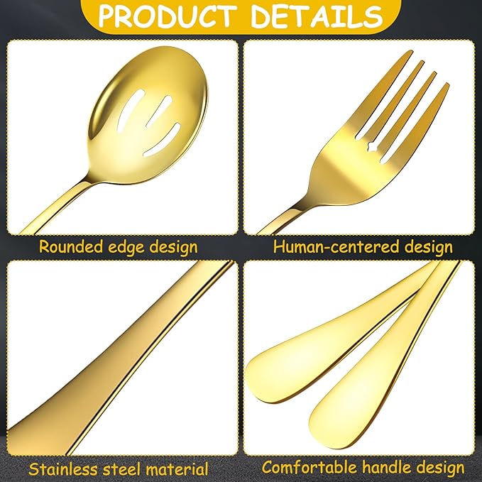 17 Pcs Gold Serving Utensils Set Include Stainless Steel Large Serving Spoons Slotted Spoons Forks Soup Ladle Pie Server - Metal Utensils for Parties Buffet Catering, Dishwasher Safe