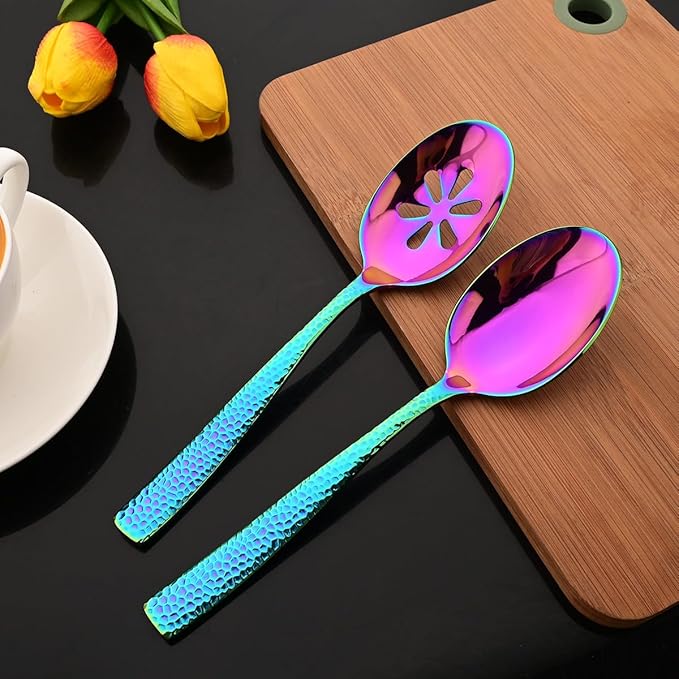 JASHII 5-Piece Rainbow Hammered Flatware Hostess Set Stainless Steel Serving Fork Slotted Serving Spoon Butter Knife Teaspoon Set for Buffet Party Mirror Polished Dishwasher Safe