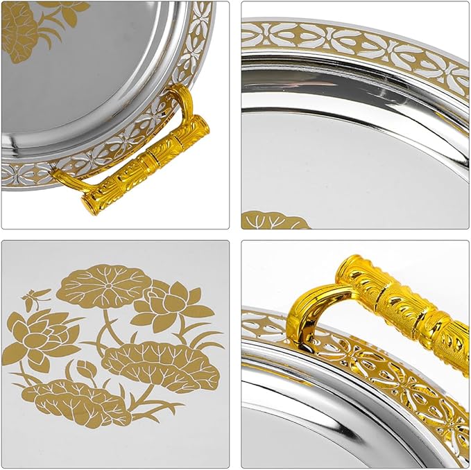 Elegant Round Gold Pattern Stainless Steel Serving Tray European Style Buffet Plate for Fruit Dessert Jewelry Storage and Home Decor