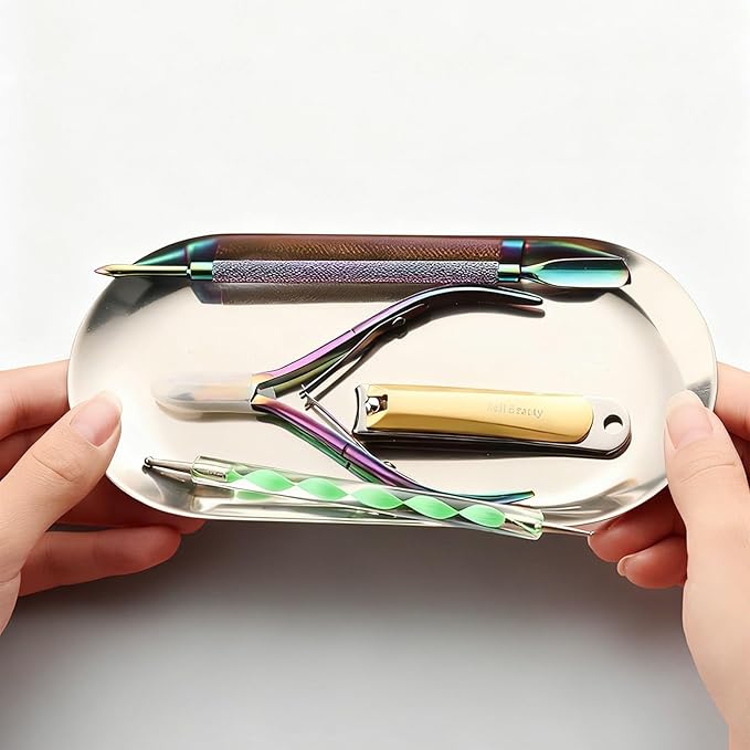 2 Pack Stainless Steel Silver Decorative Tray, Small Oval Perfume Jewelry Candle Dish, Dinner Macarons Dessert Plate for Home Entry Decor Bathroom Kitchen Storage