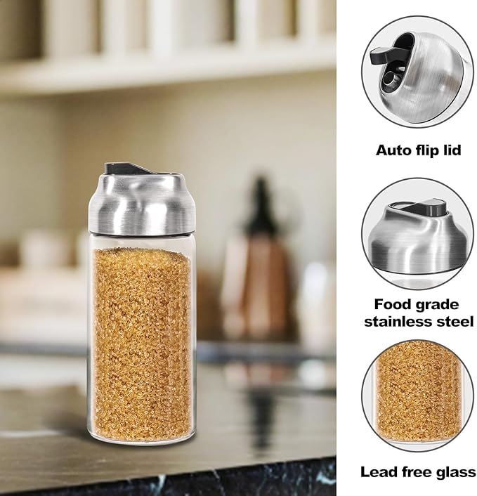 Glass Sugar Dispenser Shaker Set for Coffee, Tea, Milk, 14 OZ, (2 Pack)