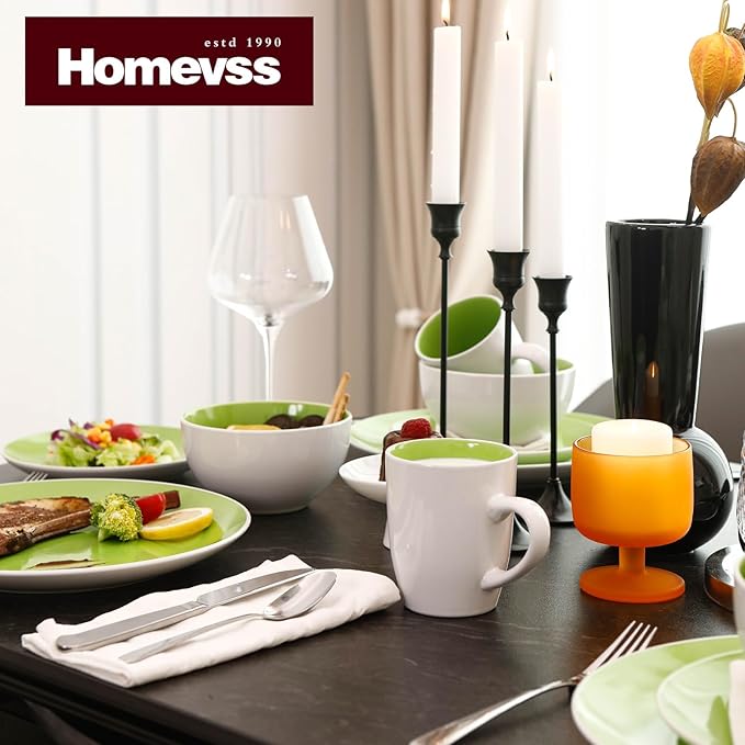Stoneware Coupe Shape 16pc Dinnerware Set, Outside White + Inside Bamboo Color