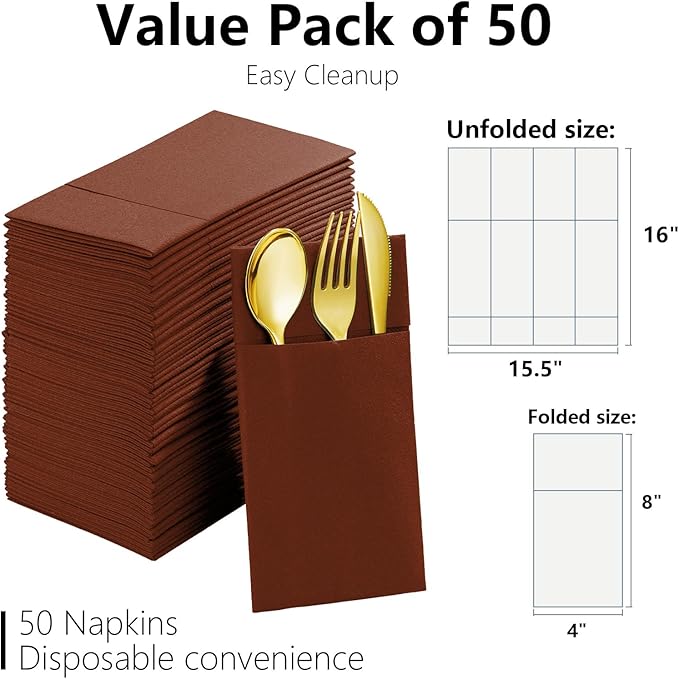Burnt Sienna Linen Feel Napkins with Flatware Pocket, 50 Pack Cloth Like Pre-Folded Napkins for Silverware, Guest Hand Towel for Dinner Party Wedding Decoration (16. x 15.5 inch)