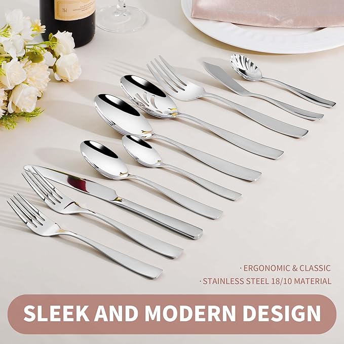 65-Piece Heavy Duty Flatware Set for 12, 18/10 Stainless Steel Silverware Set and Serving Utensils Set, Dishwasher Safe, Weighted Silverware Knife Fork and Spoon Set