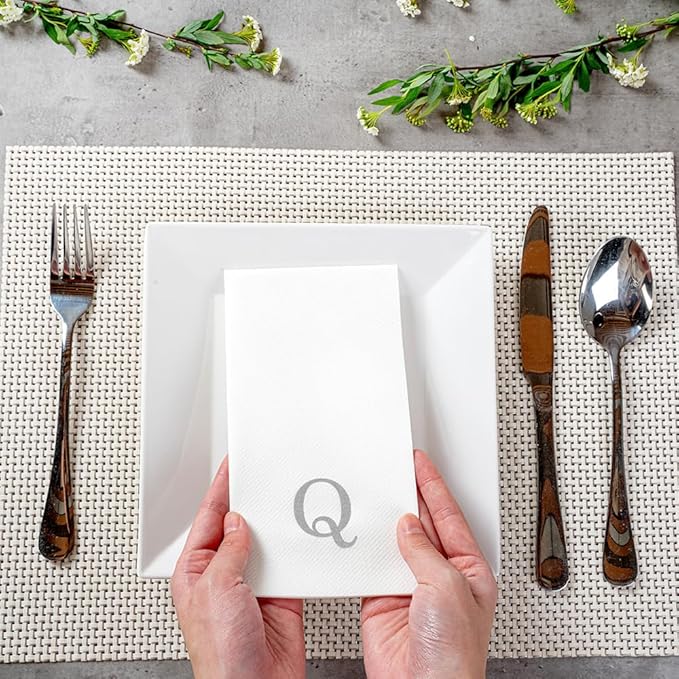Luxenap 15.8 X 7.9 Inch Linen-Feel Guest Towels, 50 Lettered Hand Towels - Silver Letter 'Q', Sans Serif Font, White Paper Dinner Napkins, airlaid, For Restrooms And Tables - Restaurantware