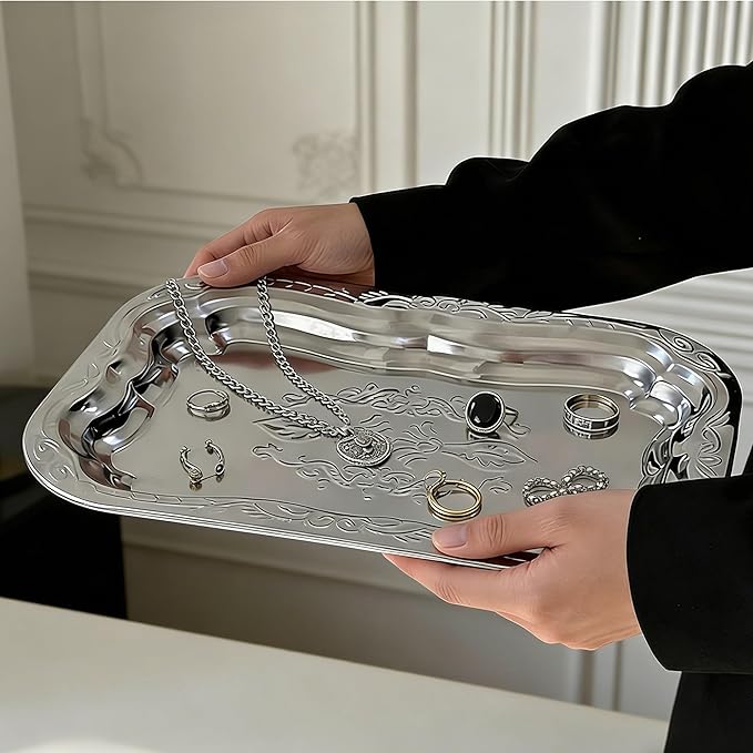 4-Pack Large Oval Silver Serving Trays - 15.7"x11.8" Mirror Platter Set for Party, Wedding, Birthday, Christmas, Appetizers, Desserts, Food Display, Kitchen Table, Buffet