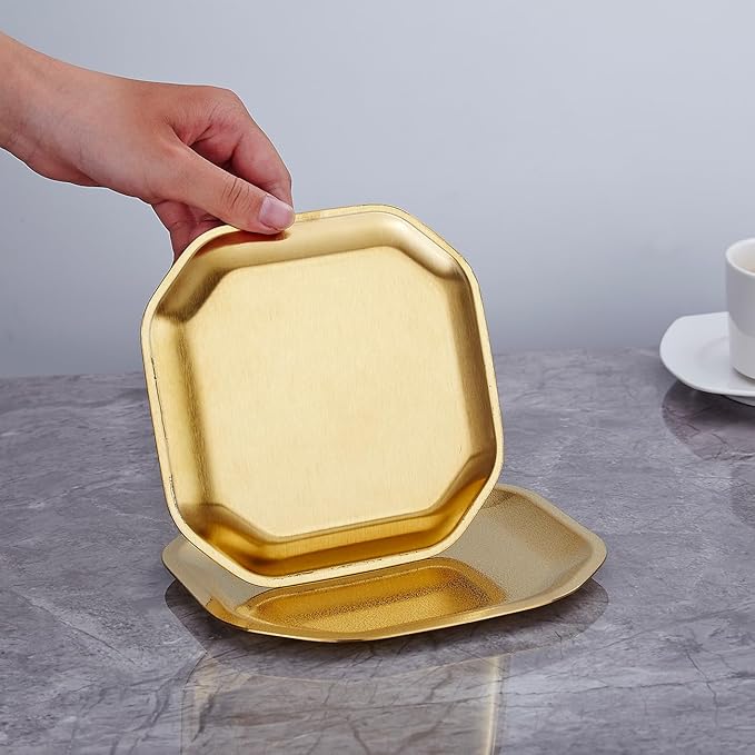 SANQIAHOME 4.7x4.7 inch square Appetizer Plates,thick stainless steel Dinner Plates, Pasta Dessert Plates for Sushi, Fruit oven/Dishwasher Safe, Set of 4,Gold