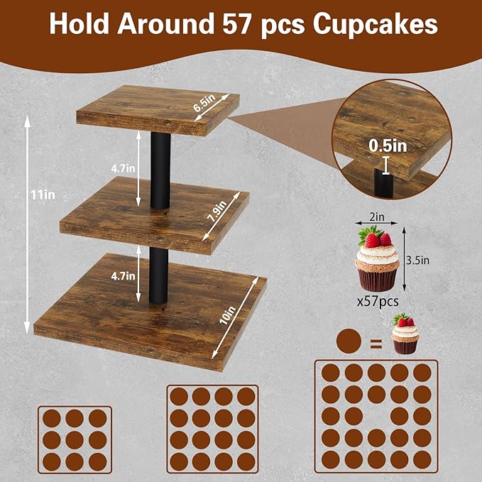 IBUYKE 3 Tier Cupcake Stand,Set of 2,Cupcake Tower,Square Serving Dessert Display Stand,Cupcake Tray Stand,Dessert Tree Tower for Christmas Birthday,Home Party, Wedding,Rustic Brown UTLJ014H-2