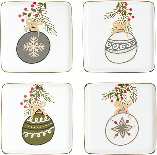Santa Barbara Design Studio 4-Piece Christmas Appetizer Plate Set White Ceramic Small Plates, 4"L x 4.5"W, Ornaments
