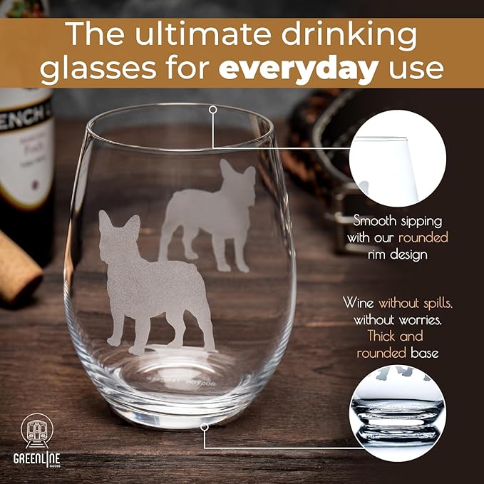 Boston Terrier Stemless Wine Glasses (Set of 2) | Unique Gift for Dog Lovers | Hand Etched with Breed Name on Bottom