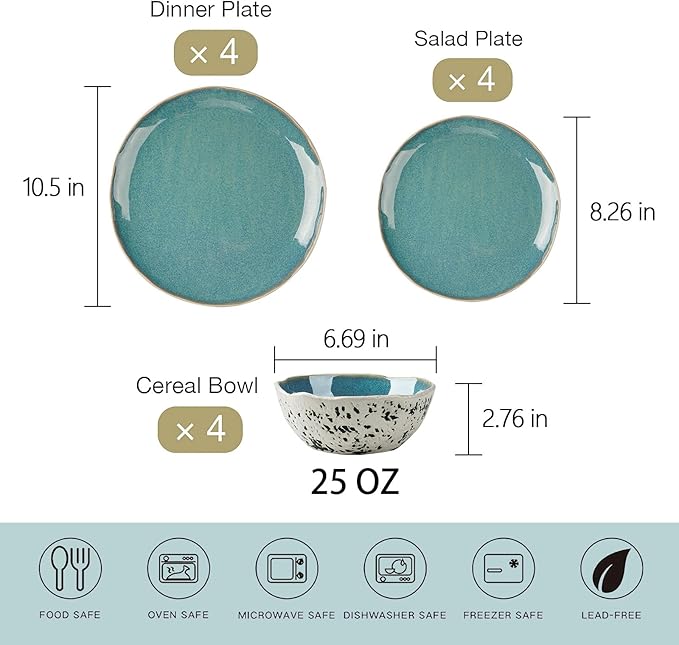 12pcs Dinnerware Set Service for 4, Handmade, Stoneware,Ceramic, Dish Set, Plates and Bowls set, Dinner Set, Reactive Glazed, Microwave and Dishwasher Safe (BLUE)