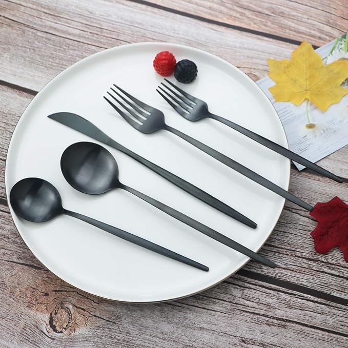 Black Silverware Set JASHII 40 Pieces Flatware Set 304 Stainless Steel Flat Cutlery Set for 8 Matte Kitchen Forks Knife Spoons Set, Satin Finish Tableware Set for Home and Restaurant, Dishwasher Safe