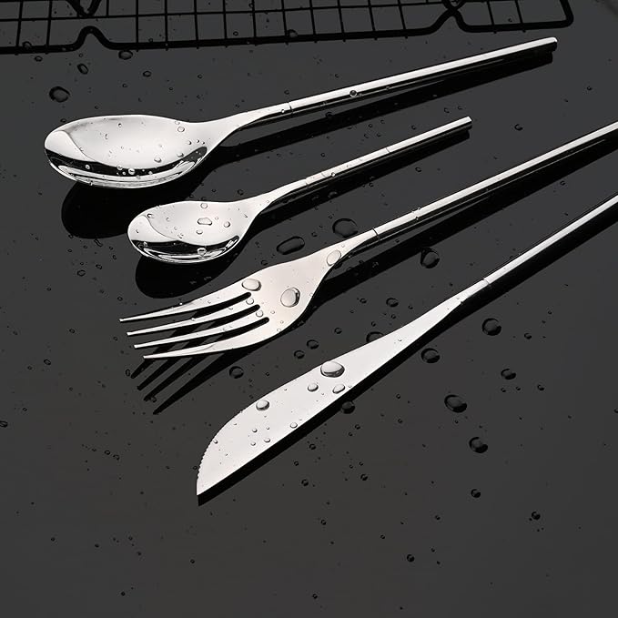 JASHII 304 Flatware Set Silver Silverware Set Mirror Polished 18/8 Stainless Steel Cutlery Set with Round Handle 24 Piece Wedding Housewarming Gift Service for 6