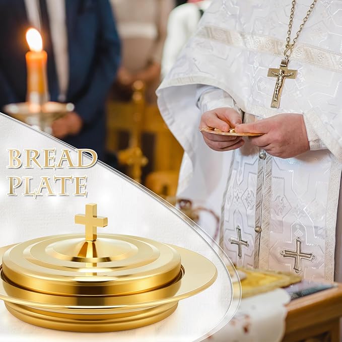 Zhehao 1 Plates Gold Communion Set, Holy Trays with Lid, Stainless Steel Bread Tray Plates for Churches, Holy Communion Tray with Cover, Polished Church Supplies Ware Sets