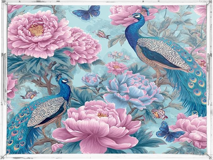 Serving Tray with Handles Clear Acrylic Tray 12x16 Inch Decorative Rectangular Tray Organizer for Ottoman Coffee Table Bathroom Light Blue Peacock Butterflies and Flowers