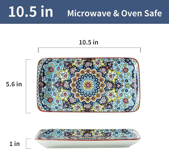 glowworm 10.5 Inch Rectangular Dinner Plates, Ceramic Salad Plates Set of 6, Porcelain Serving Platters for Dessert, Appetizer, Microwave & Oven Safe, Bohemian