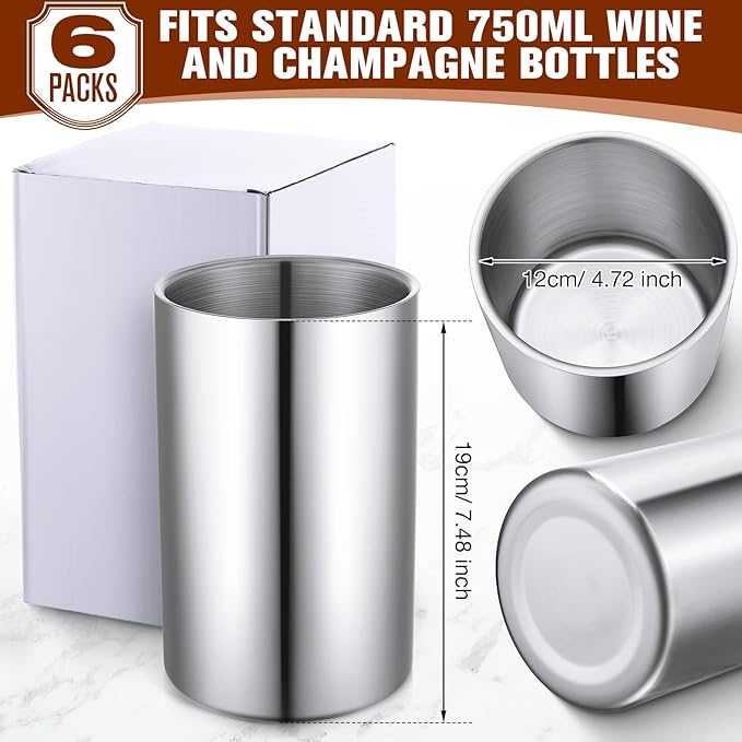 6 Pack Wine Chiller Bucket Wine Bottles Cooler Bulk, Stainless Steel Double Wall Insulated Champagne Ice Bucket for Parties,Fits for 750 ml Bottles(Silver)