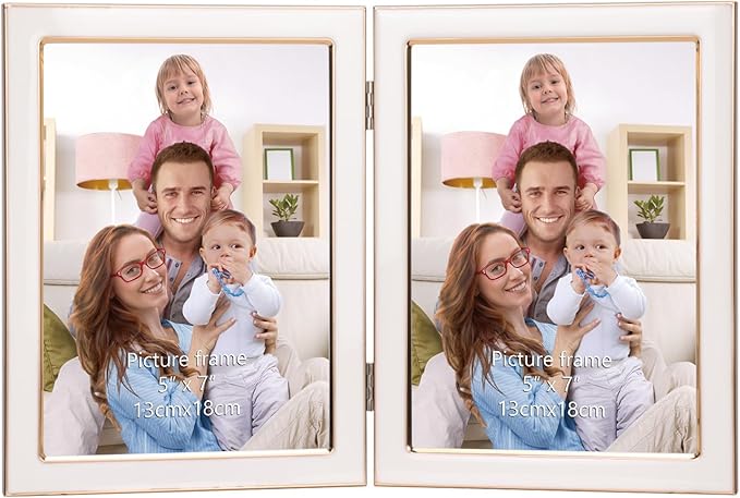 Giftgarden 5x7 Double Picture Frame White with Tempered Glass Display 5 by 7 Photo, Metal Hinged Folding Frame for Tabletop or Wall