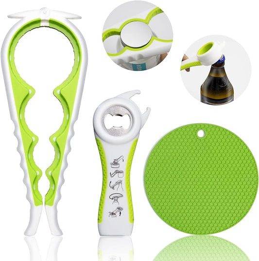 Jar Opener for Weak Hands, Seniors with Arthritis, 5 in 1 Multi Function Bottle Opener Lid Opener For Arthritic Hands with Non Slip Rubber Jar opener Gripper Pad(green)