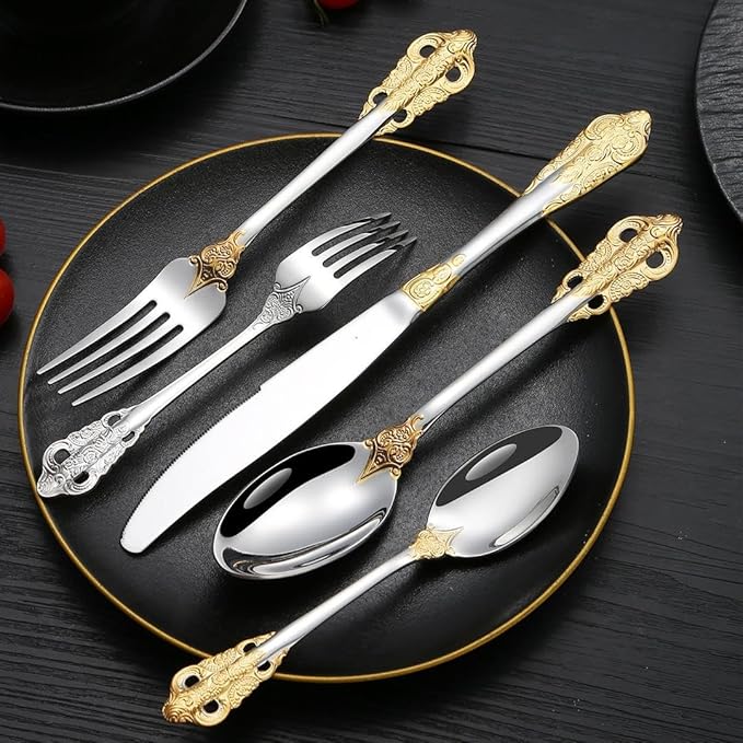Royal 30-Piece Flatware Set, 304 Stainless Steel Silverware with Gold Accents, Service for 6, Mirror Polished, Dishwasher Safe