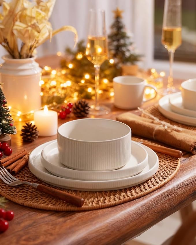 famiware Star Plates and Bowls Sets, Modern Stoneware Dinnerware Sets for 6, 18-Piece Kitchen Dish Set - Chip and Scratch Resistant, Microwave and Dishwasher Safe Tableware, Matte White