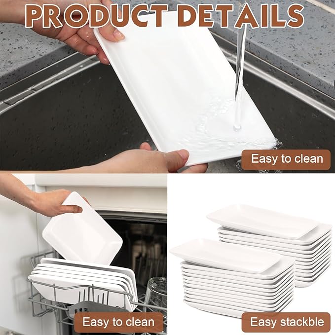Irenare 20 Pcs 8 Inch Rectangular Salad Plates White Rectangular Porcelain Dessert Plates Appetizer Serving Tray Porcelain Platters for Fruit Sushi Dinner Parties, Microwave, Oven Safe