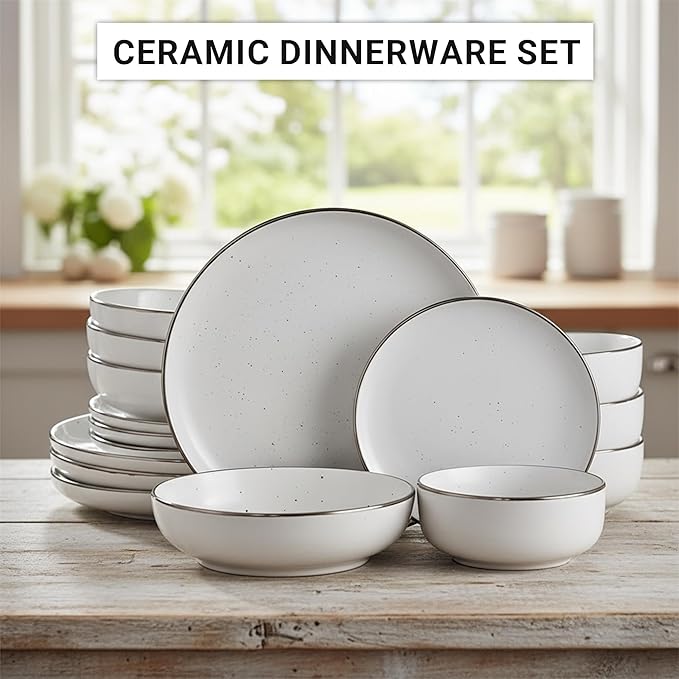 Dinner Set 16 PCS – Premium Ceramic Tableware in White – Includes 4 Dinner Plates, 4 Side Plates, 4 Rice Bowls & 4 Soup Bowls – Durable, Stylish & Microwave Safe