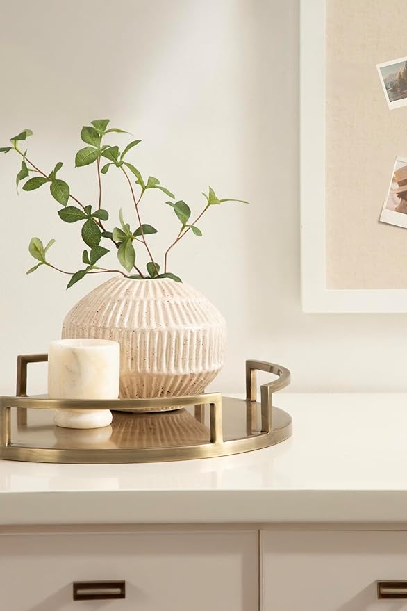 Kate and Laurel Gohana Round Tray with Metal Handles, 16 Inch Diameter, Antique Brass, Modern Glam Serving Tray with Handles for Use as Ottoman Topper or Living Room Decor