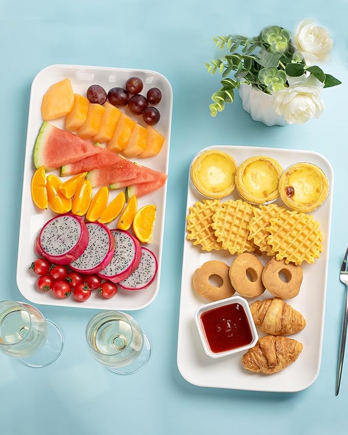 3 Tiered Serving Tray with White Porcelain Platters,Tiered Serving Stand Food Display Stand, Tiered Serving Trays & Platters, Rotatable Foldable Rectangular Plates for Dessert, Brithday Party & Events
